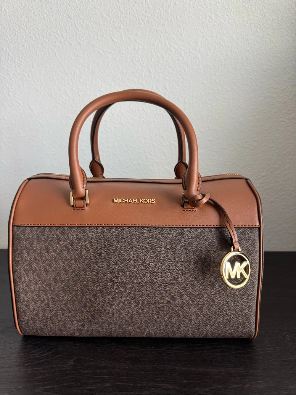 Michael Kors Brown/Tan Signature Dome Satchel with Gold Logo Charm - NEW